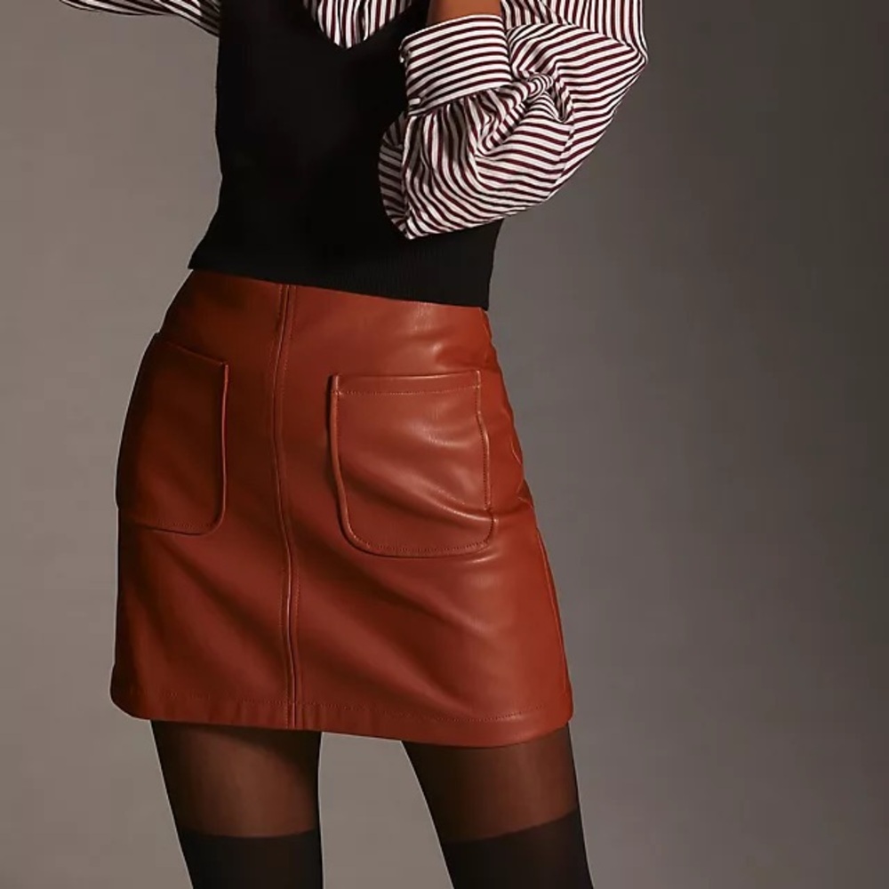 Anthropologie Rust Brown Faux Leather Pocket Mini Skirt